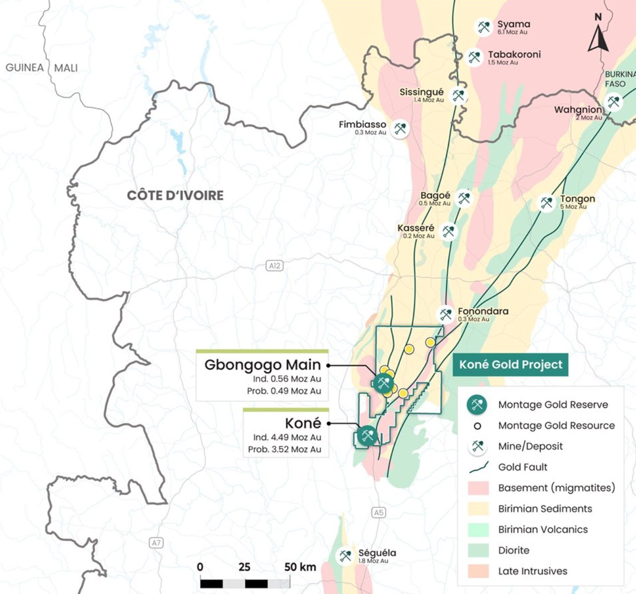 Regional geology of C&ocirc;te d&rsquo;Ivoire showing the Kon&eacute; Gold Project on the Birimian greenstone belt among regional gold deposits