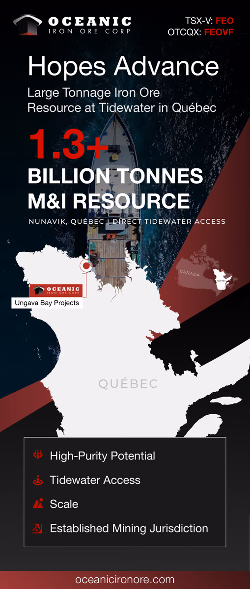 Oceanic Iron Ore pull-up banner with its 1.3 billion tonne resource and a Qu&eacute;bec locator map