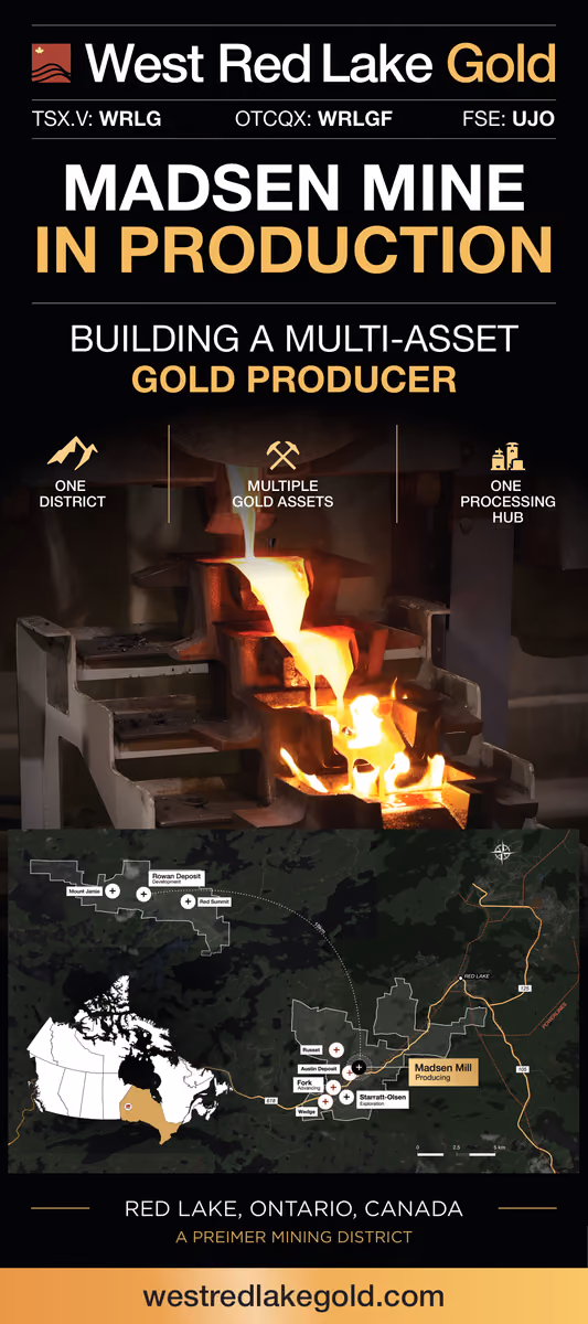 West Red Lake Gold pull-up banner announcing the Madsen Mine in production, with a Red Lake district map