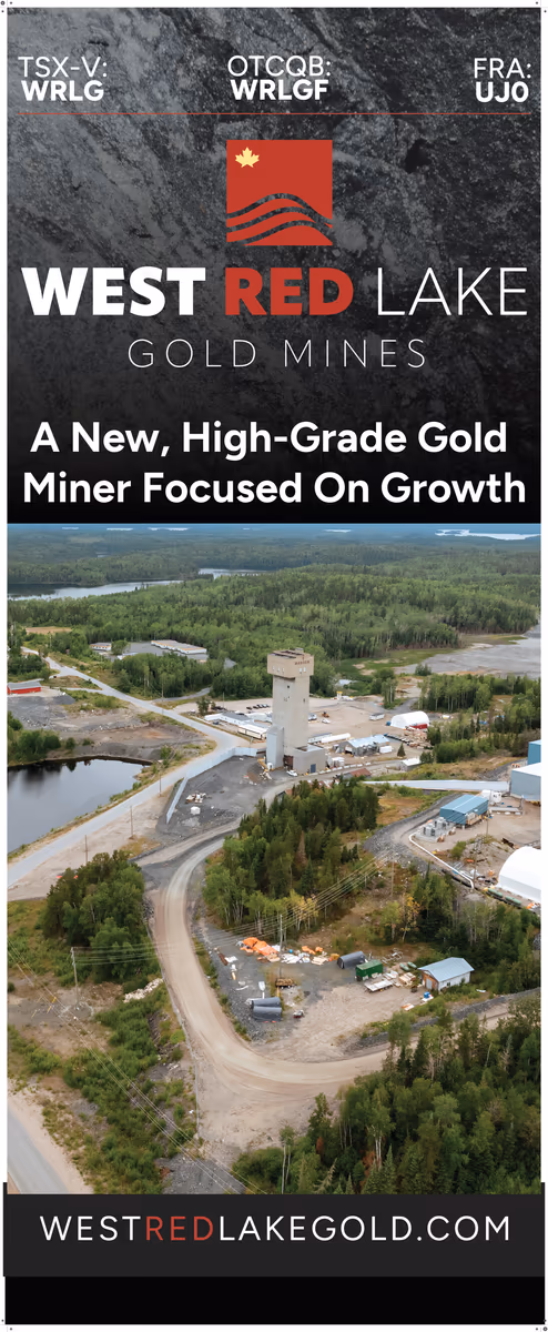 West Red Lake Gold 2025 pull-up banner with aerial photograph of the Madsen Mine