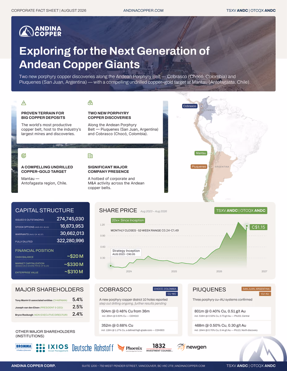Andina Copper two-page corporate fact sheet: Cobrasco and Piuquenes porphyry discoveries, capital structure and share price