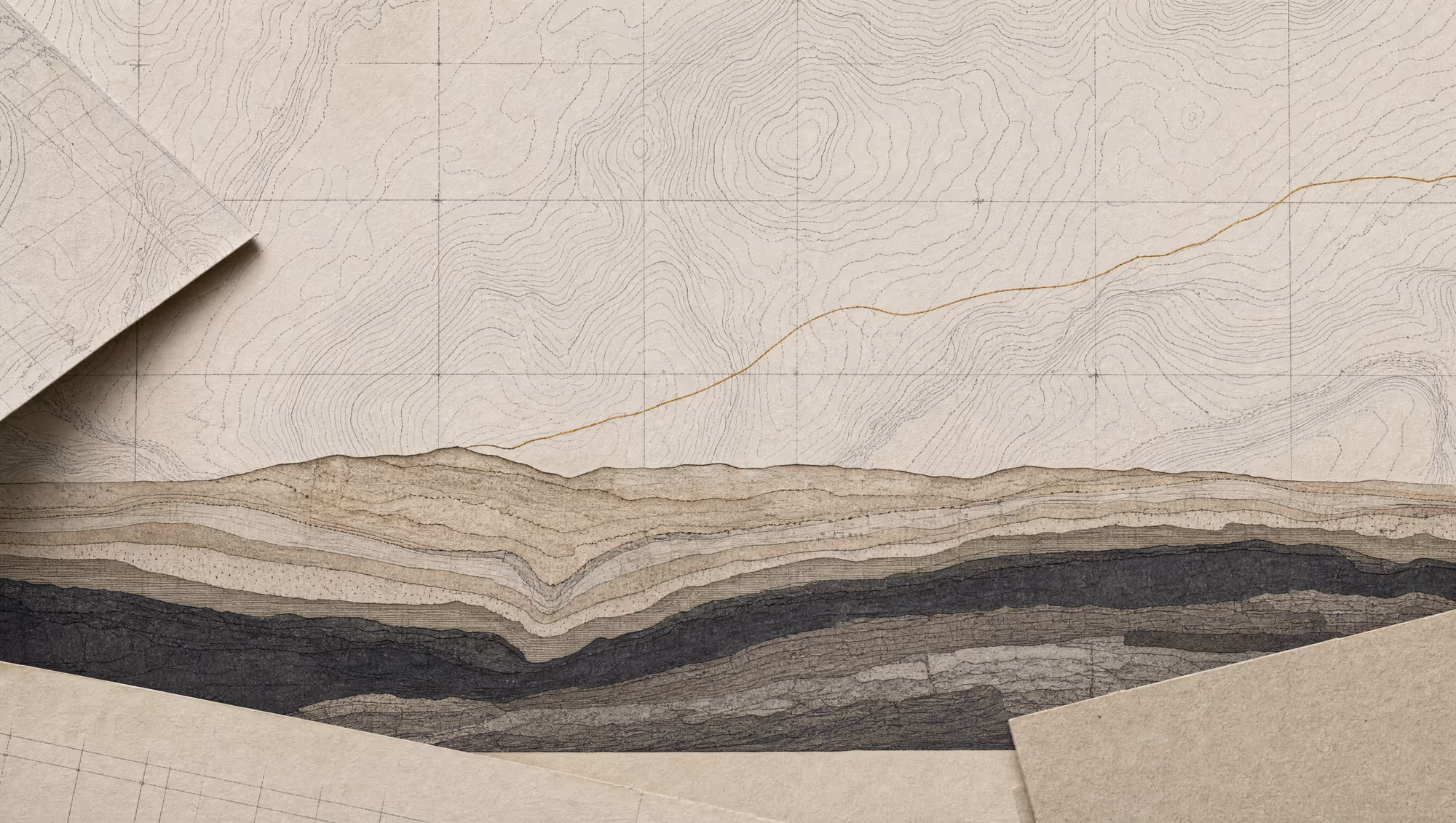 Layered exploration survey materials — a topographic contour map over a geological cross-section, rendered in warm neutral tones with a single fine gold reference line.