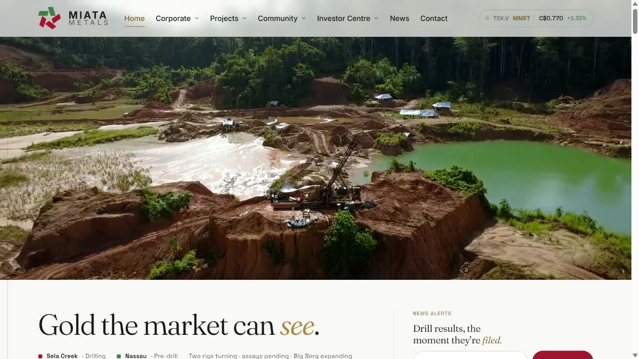 Miata Metals website showing Sela Creek field footage and its Gold the market can see headline