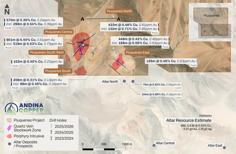 Piuquenes drilling detail map produced for Andina Copper