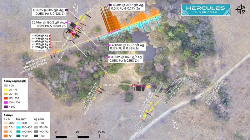 Drill plan on satellite imagery produced for Hercules Metals