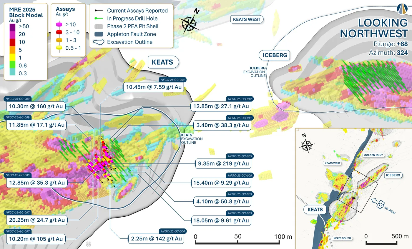 Keats drill results map for a news release, produced for New Found Gold