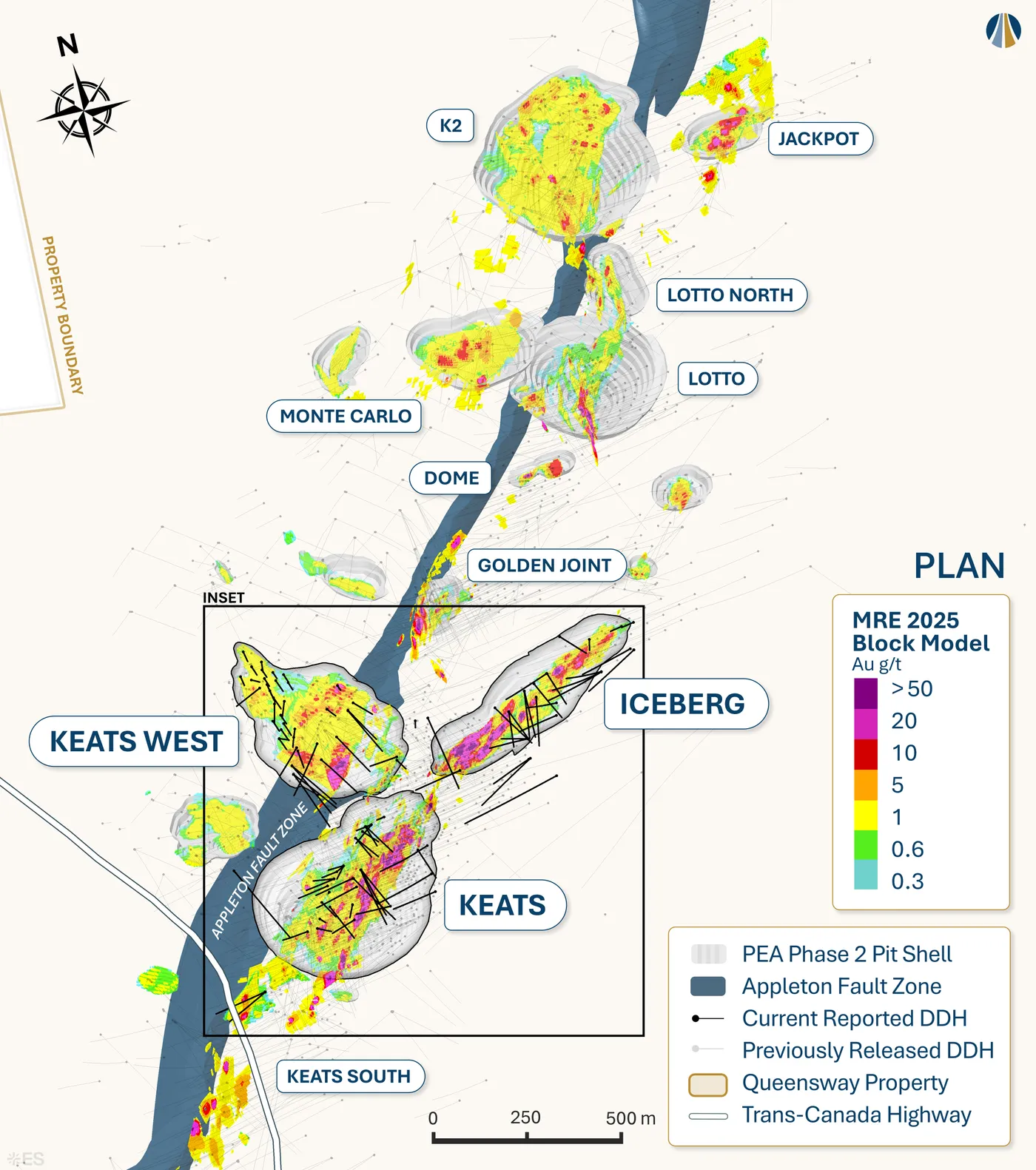 Appleton Fault Zone drill plan over the resource block model, produced for New Found Gold