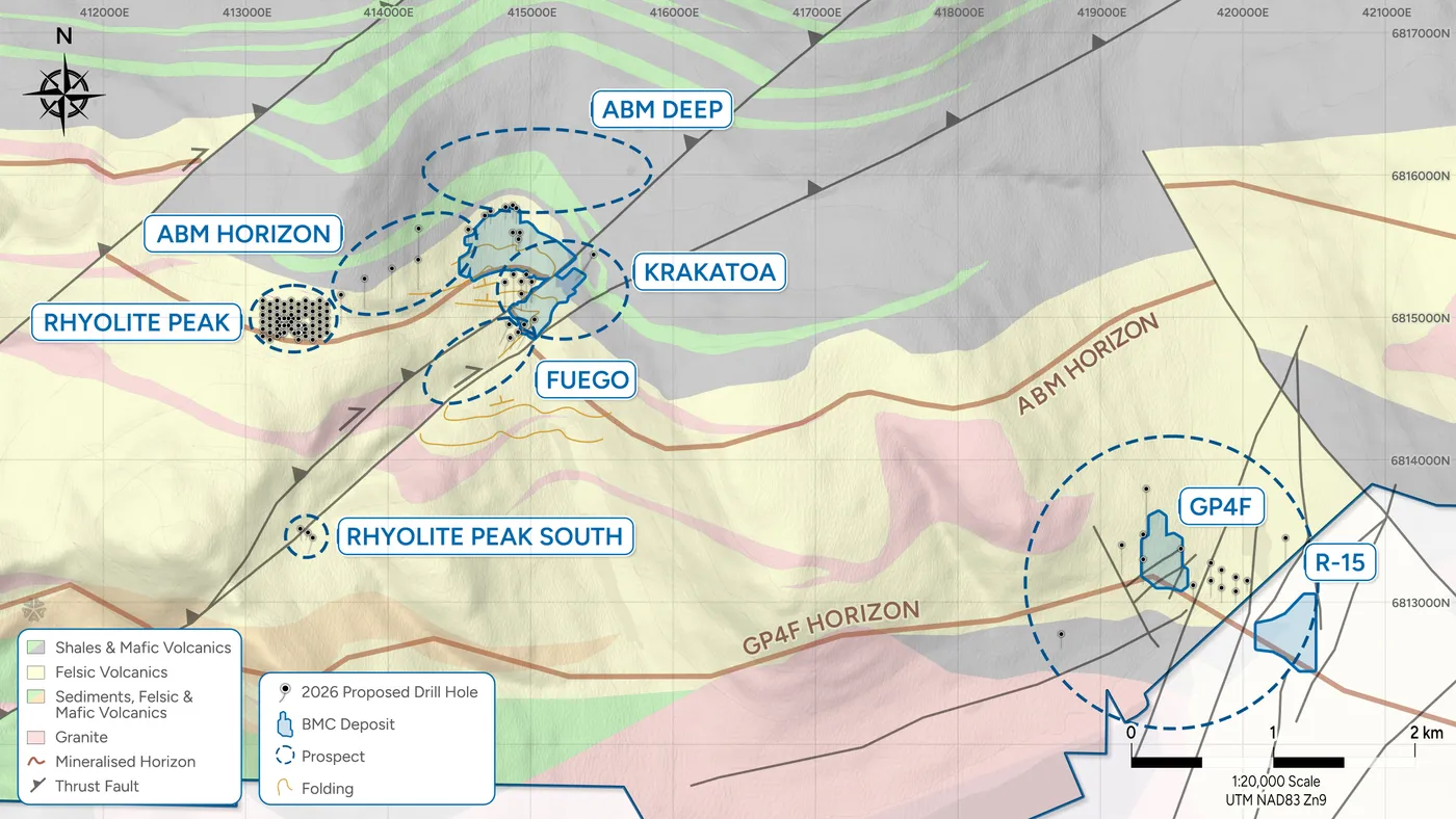 Krakatoa property geology and proposed drill holes map produced for BMC Minerals