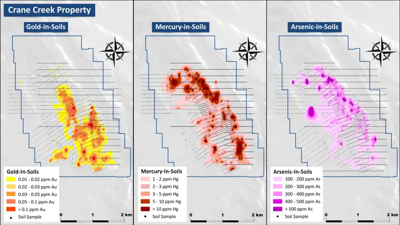 Crane Creek gold, mercury and arsenic soil geochemistry maps