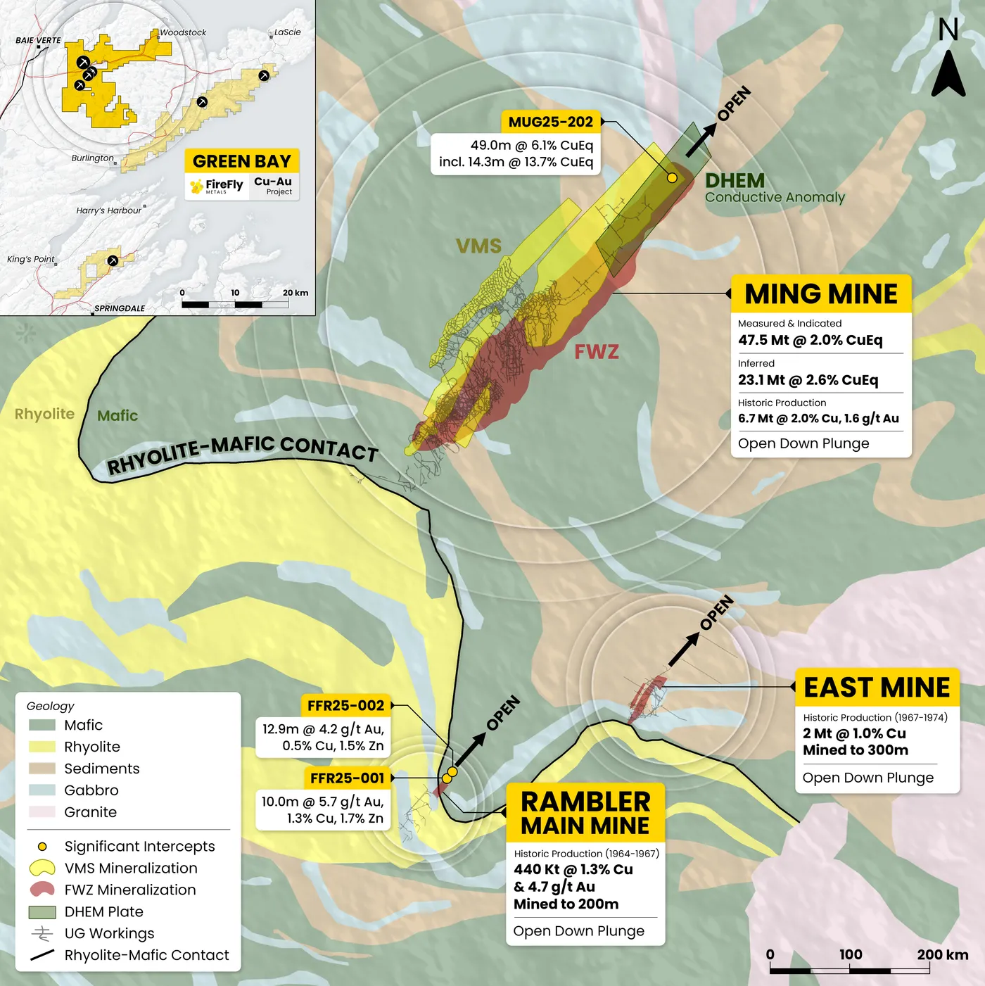 Green Bay geology plan map keyed to a long section, produced for Firefly Metals