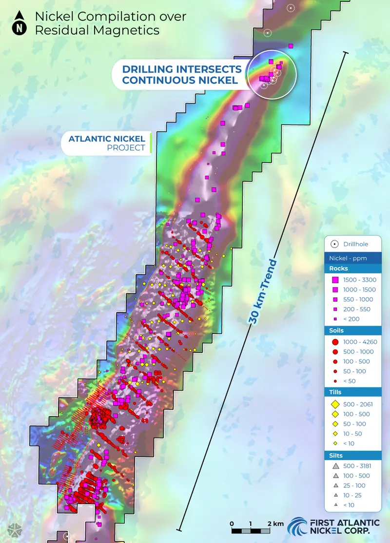 Sampling over residual magnetics map produced for First Atlantic Nickel