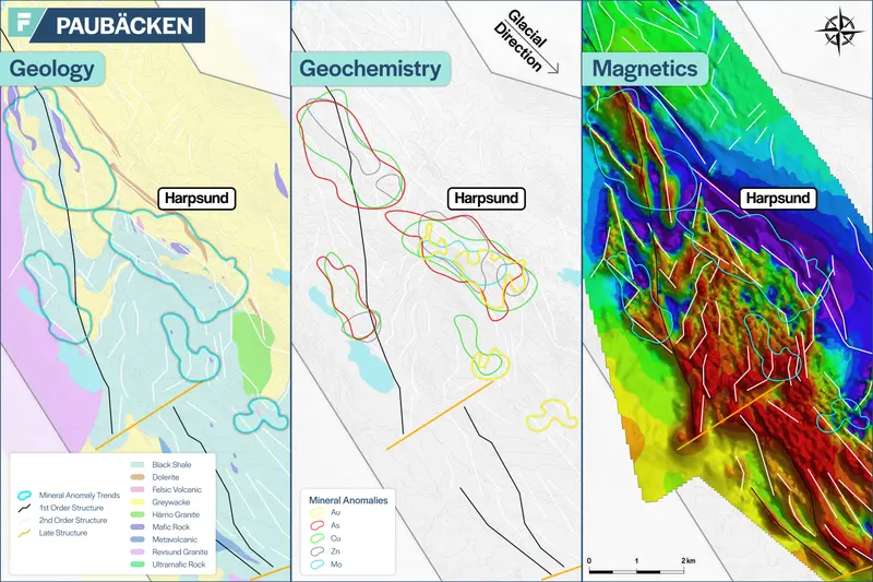 Paubäcken geology, geochemistry and magnetics maps produced for First Nordic Metals