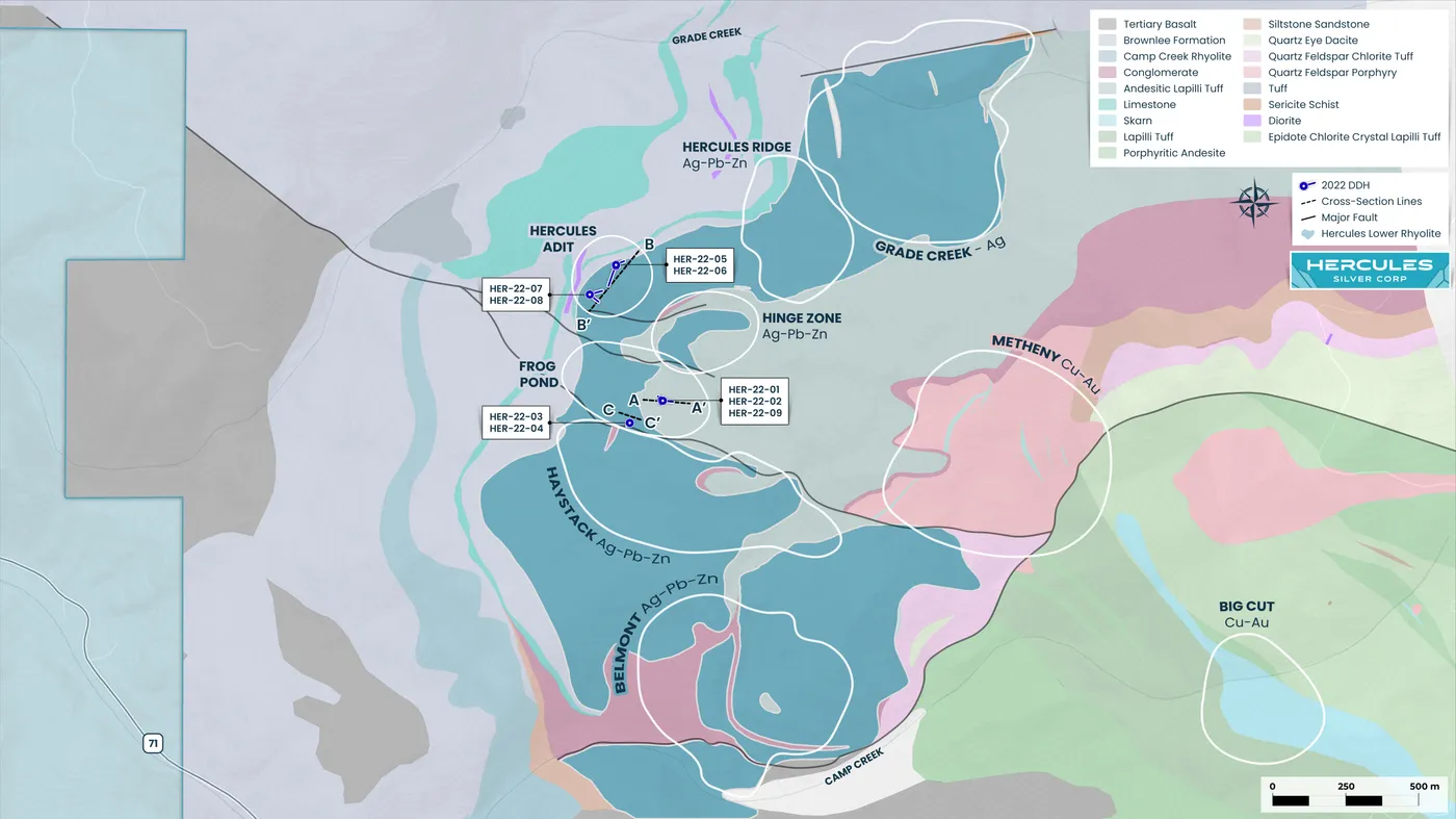 Phase one drilling over property geology map produced for Hercules Metals