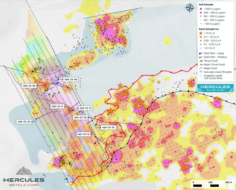Phase two drilling over soil geochemistry map produced for Hercules Metals