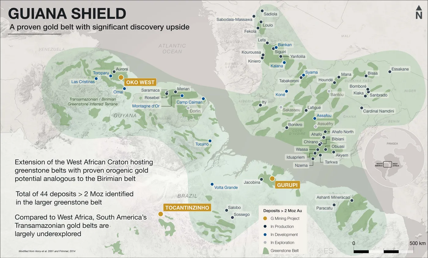 Guiana Shield and West African greenstone belt deposit map produced for G Mining
