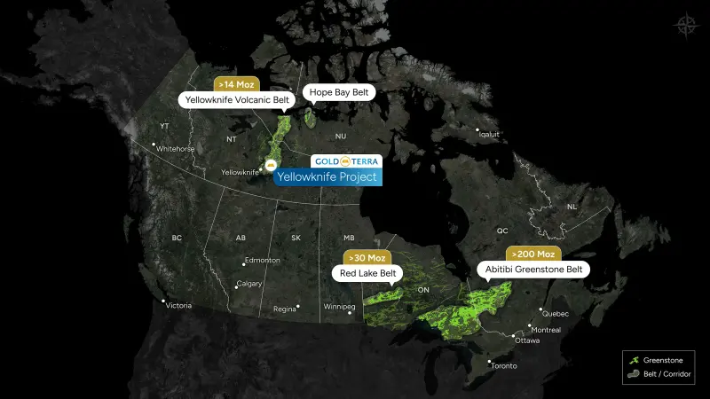 Canadian greenstone belt locator map produced for Gold Terra