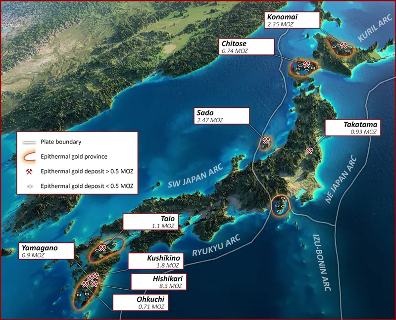 Japan epithermal gold province map