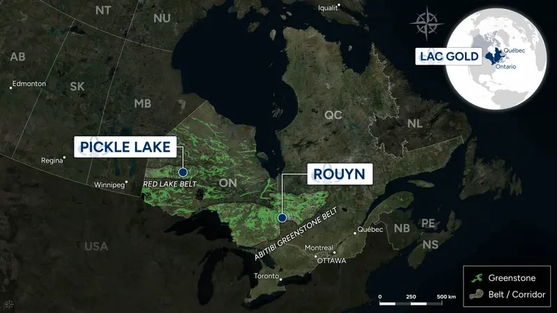 Canadian greenstone regional locator map produced for LAC Gold