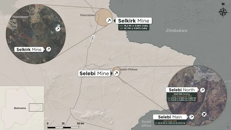 Selkirk and Selebi mines project locator map