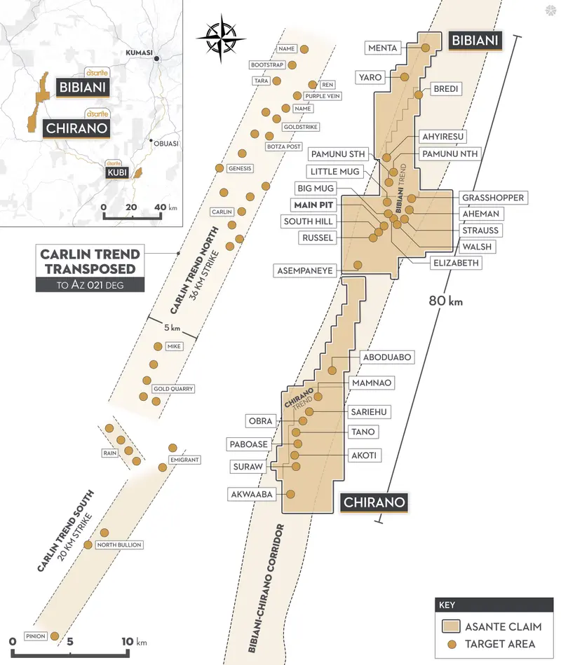 Mineralized trend and claims map produced for Asante Gold