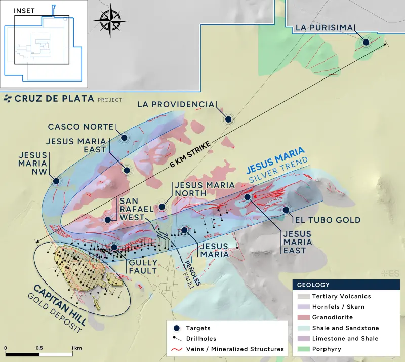 Cruz de Plata mineral system map produced for Capitan Silver