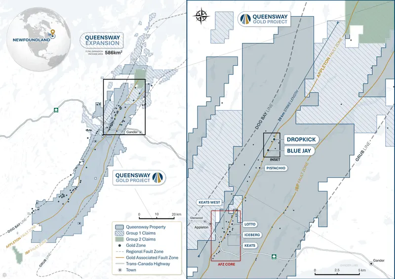 Queensway project map produced for New Found Gold