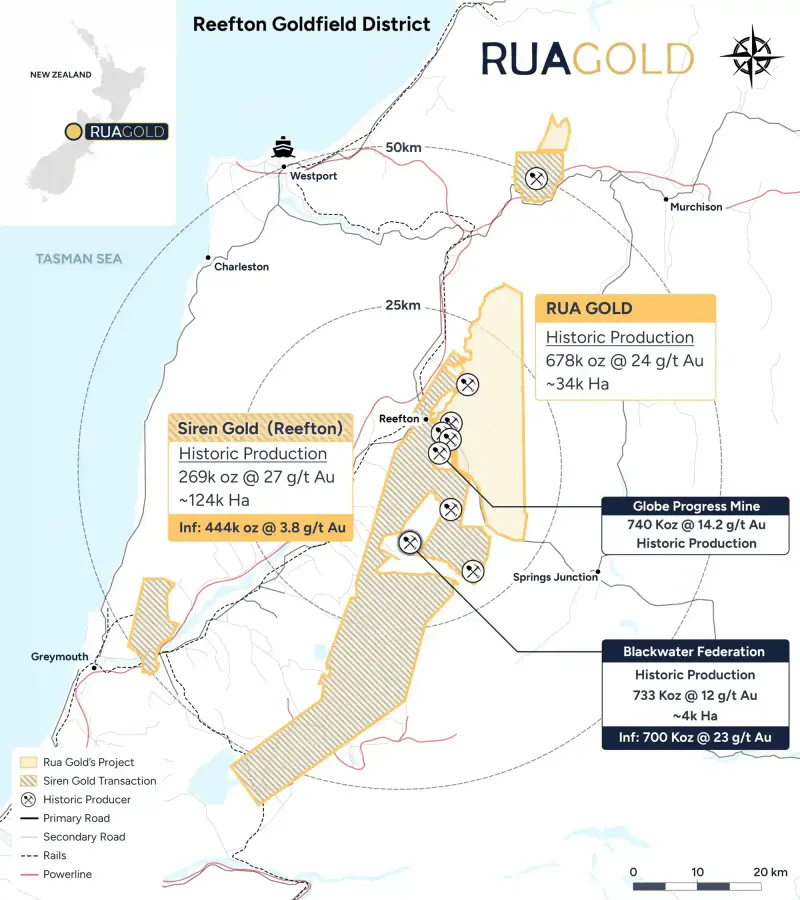Reefton goldfield ownership map produced for RUA Gold