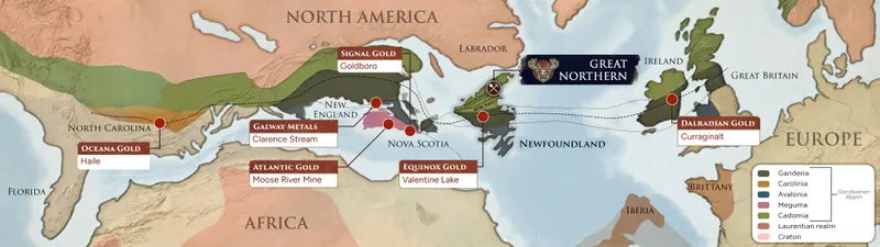 Geological setting map spanning North America, Europe and Africa